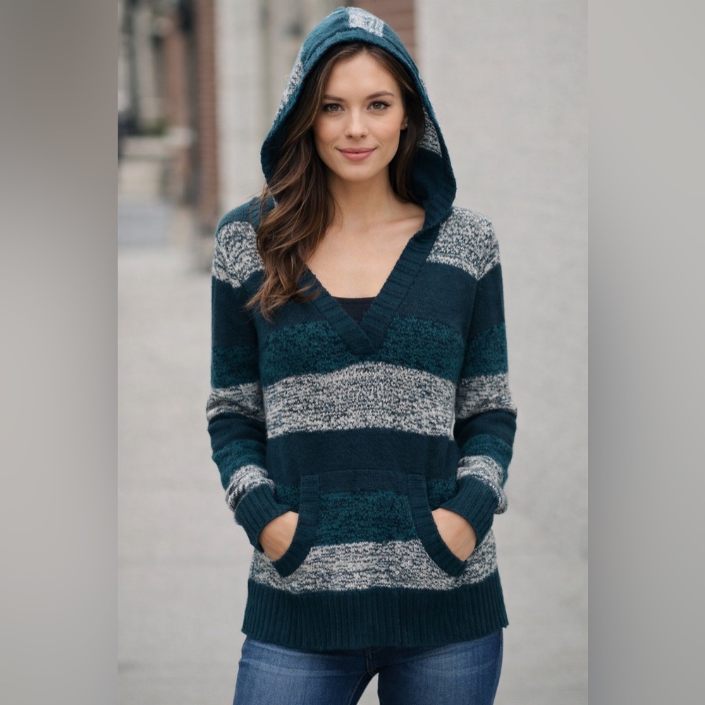 Striped V-Neck Sweater with hoodie